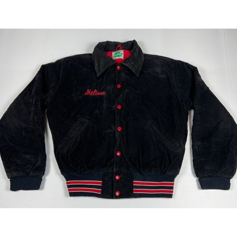 Vintage Maple Sportswear Black Corduroy Bomber Jacket Small Made in USA Melissa
